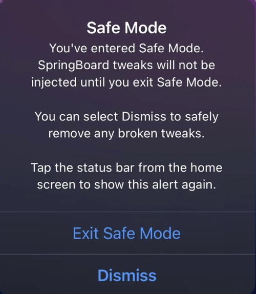 iOS Jailbroken Device Safe Mode Pop-up