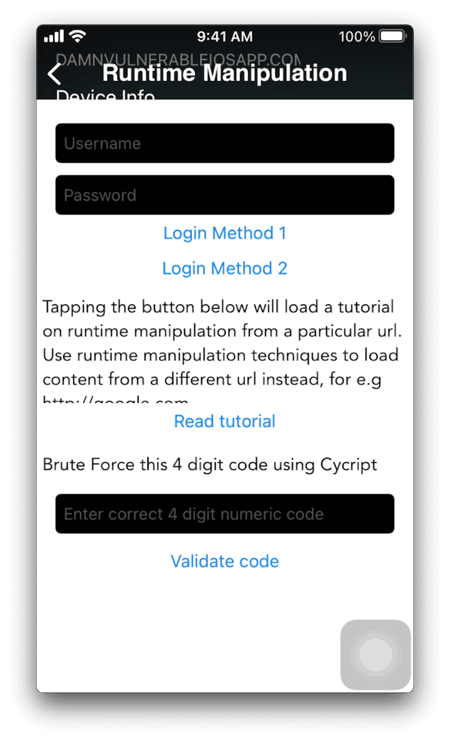 An image showing the login challenge of runtime manipulation on the DVIA application