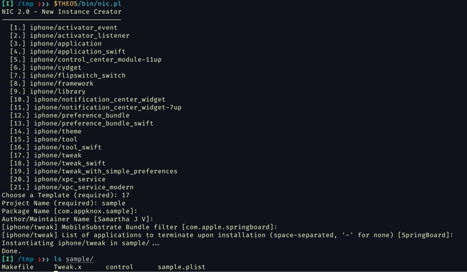 Creation of a new Tweak project using new instance creator (nic.pl) tool by Theos.
