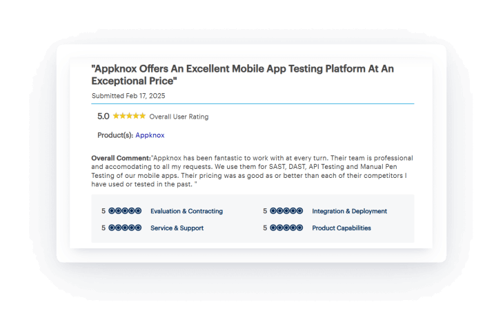 A customer review of Appknox on Gartner rating it 5 out of 5 for its product capabilities, integration & deployment, service & support, evaluation & contracting