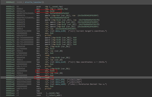 Analysis of the application using a disassembler with the missile_launcher function - Bypassing PIE, NX & ASLR