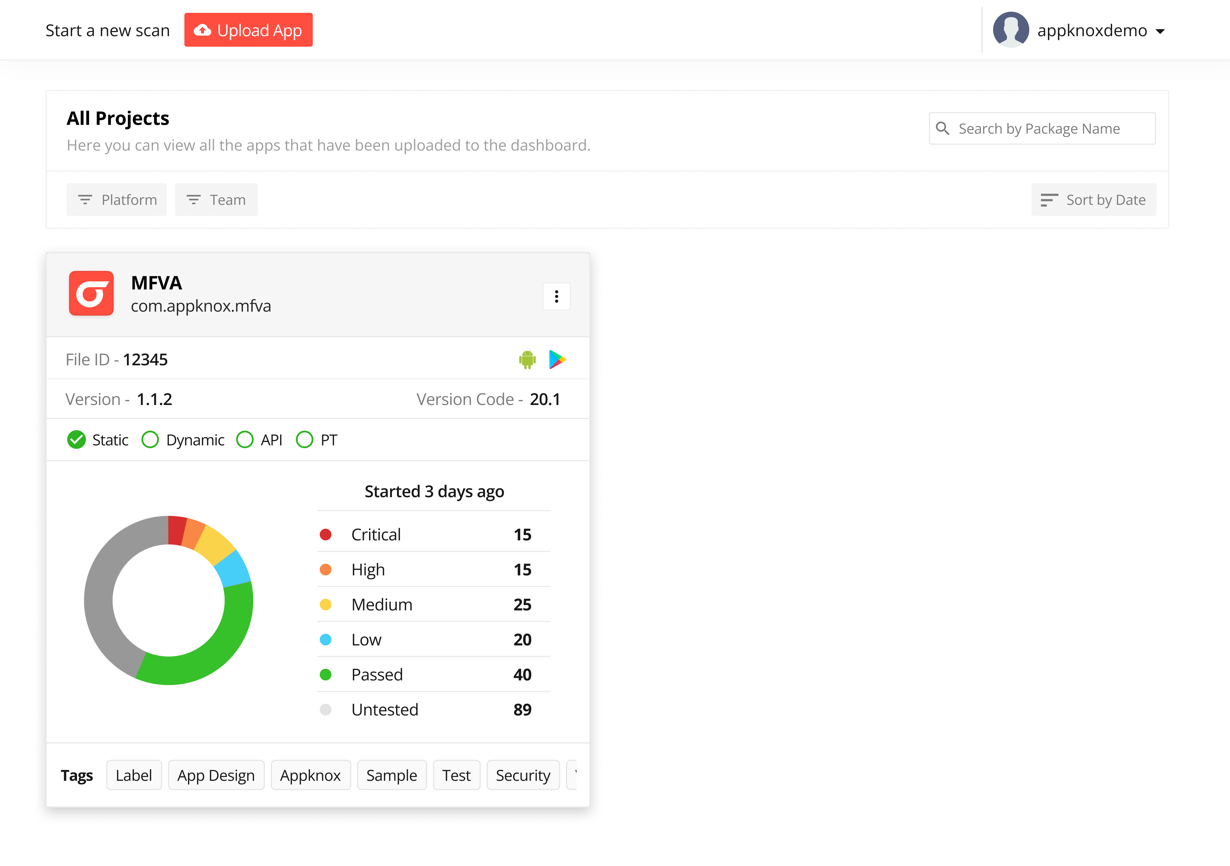 Appknox dashboard showing the app uploads and the scan results according to criticality