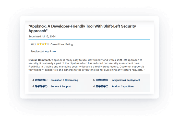 A customer testimonial on Gartner showing how Appknox is a tool that adapts itself to DevSecOps teams' workflows