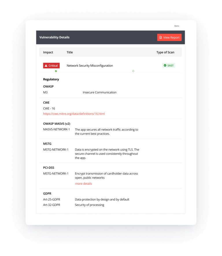 Appknox's comprehensive report showing the vulnerability details of a compliance not met