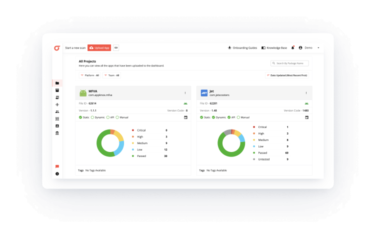 Appknox's dashboard showing the apps uploaded and the vulnerabilities caught according to their severity