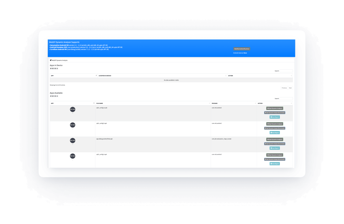 A dashboard screenshot of the free, open-source tool MobSF