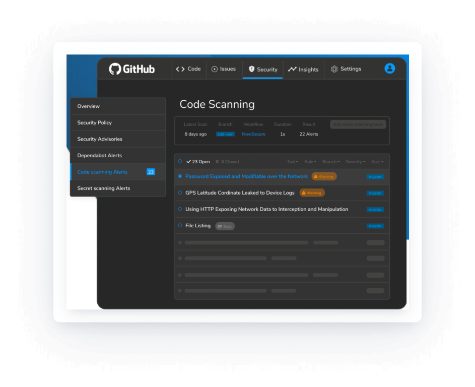 NowSecure's dashboard