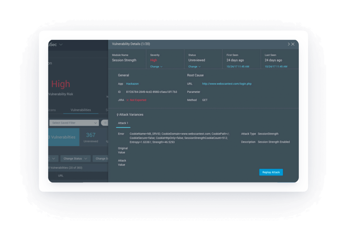 Dashboard view of the DAST tool Rapid7