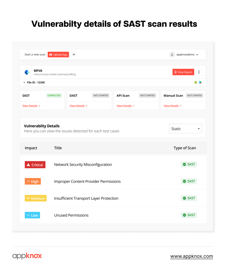 Vulnerability details of Appknox SAST scan results