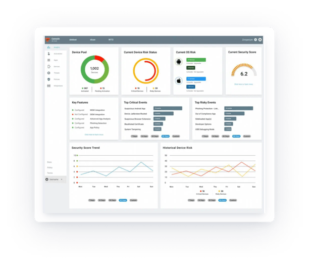 Zimperium's dashboard that shows a flurry of information of an app's security health, including current device risk status, current security score, top risky events, security score trend, etc 