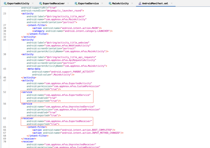 A screenshot showing the AndroidManifest.xml file which, on inspection, shows different services and receivers being exploited.