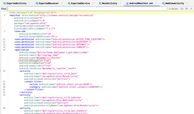 A screenshot showing the android:debuggable attribute in the AndroidManifest.xml file