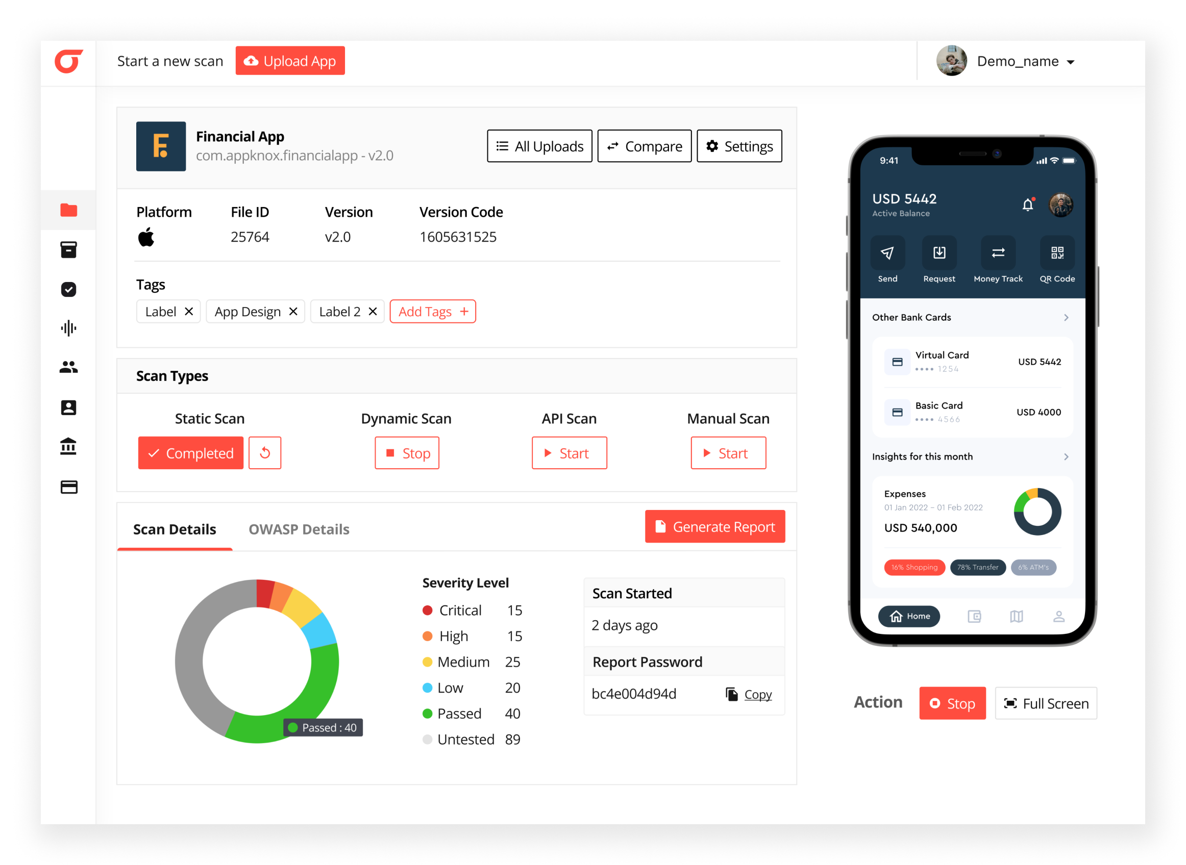 A screenshot of the Appknox dashboard showing the detected vulnerabilities and their severity of a financial app